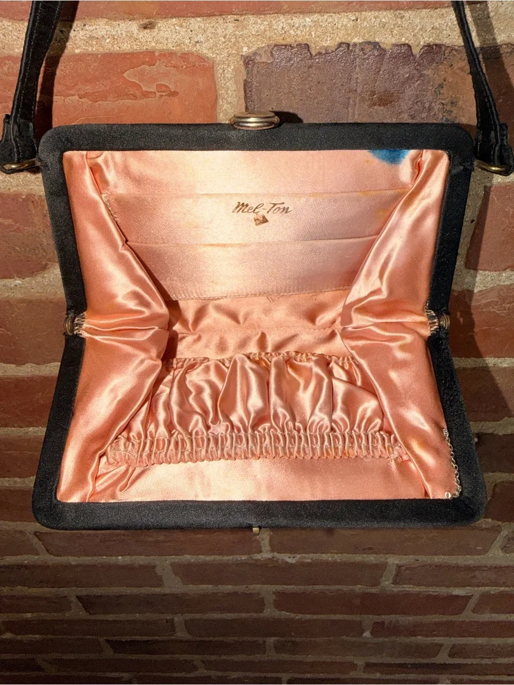 Black Floral Embroidered Small Shoulder Bag Bedazzled Pink Silk Classy